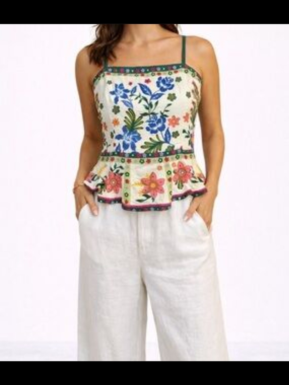 House of Harlow 1960 Floral Peplum Cami Top in Cream and Blue